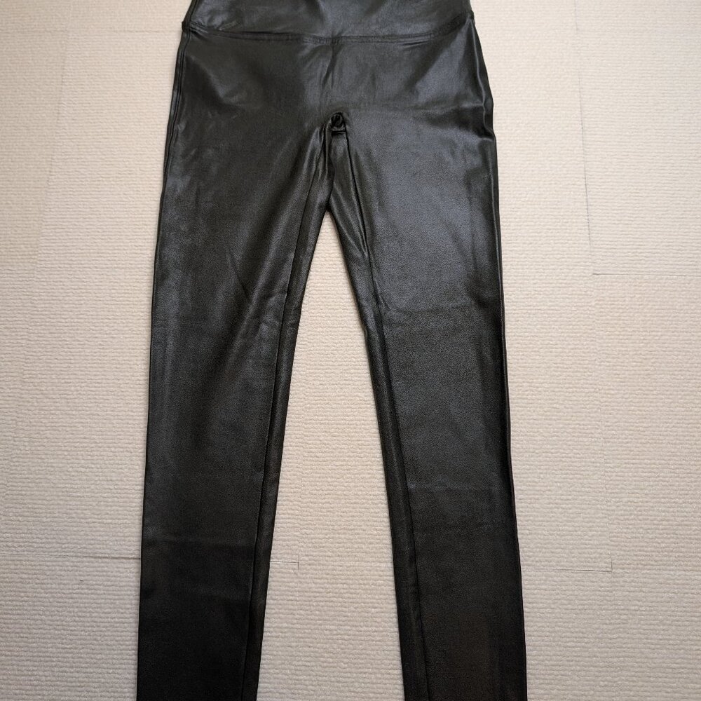 Spanx olive green faux leather leggings - size Large - slimming shapewear